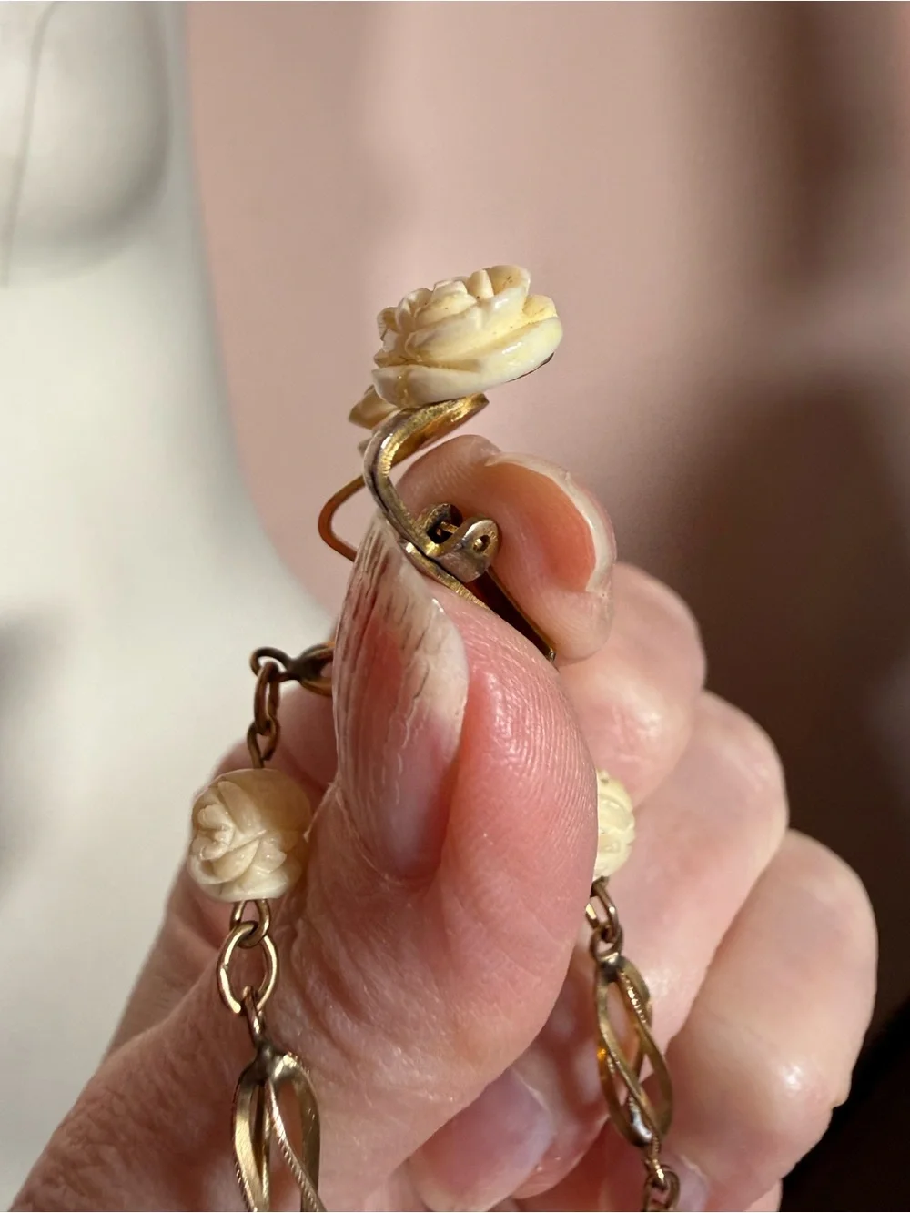 Vintage 1/20 12K GF gold cream flower delicate coquette bracelet earring set